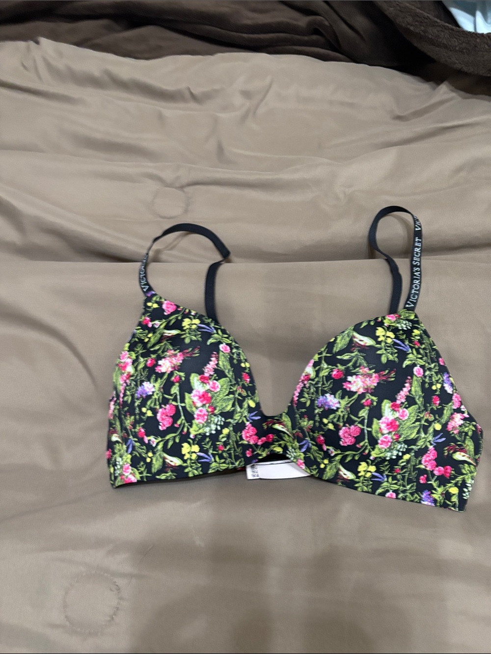 Victoria's Secret Black Floral Push-Up Bra with Pink & Green Accents